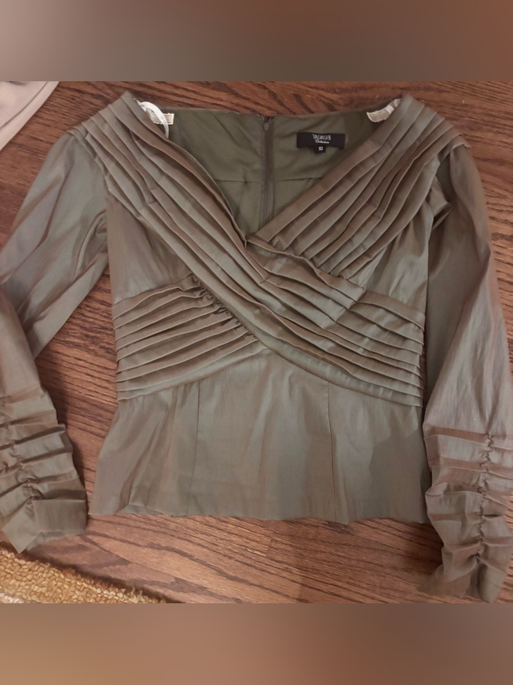 Tadashi Collection Olive Green Iridescent Pleated Wrap Women's blouse Sz 10